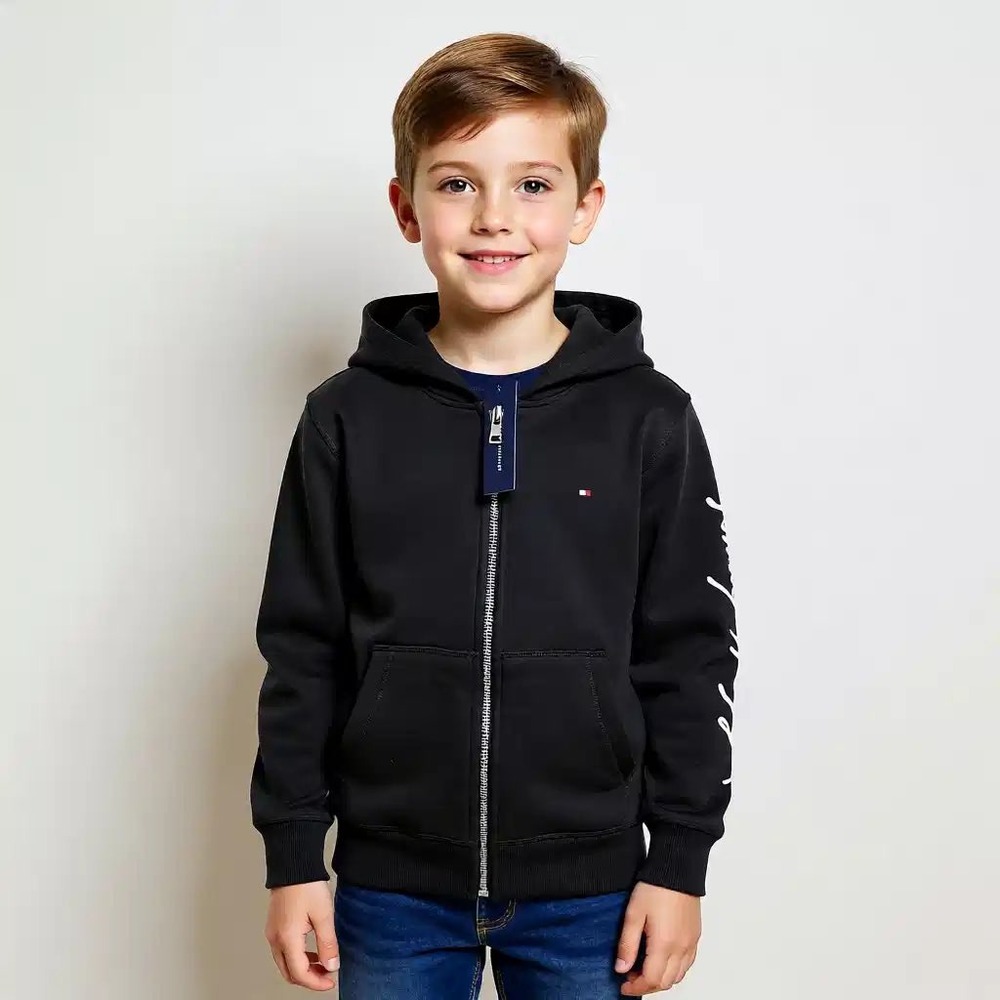 Tommy Hilfiger Black‎ Zip Up Hoodie Boys Girls Signature Logo Sleeve Sm 6-8 NWT - Picture 2 of 9
